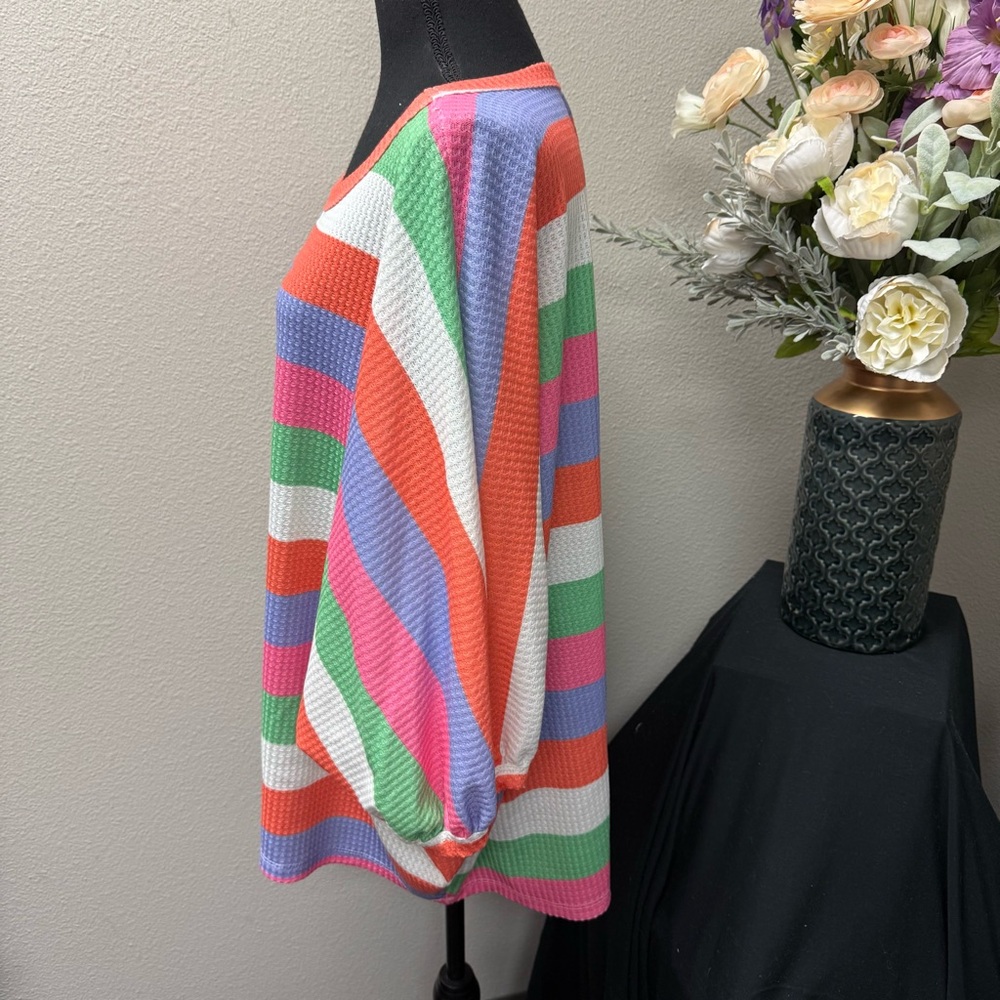 Bright Rainbow Striped Waffle Knit Dolman Sleeve Top 3X First Love - Picture 2 of 7